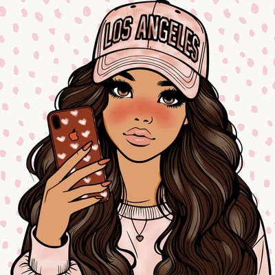 realistic beautiful girl wearing los ángeles cap holding an iphone