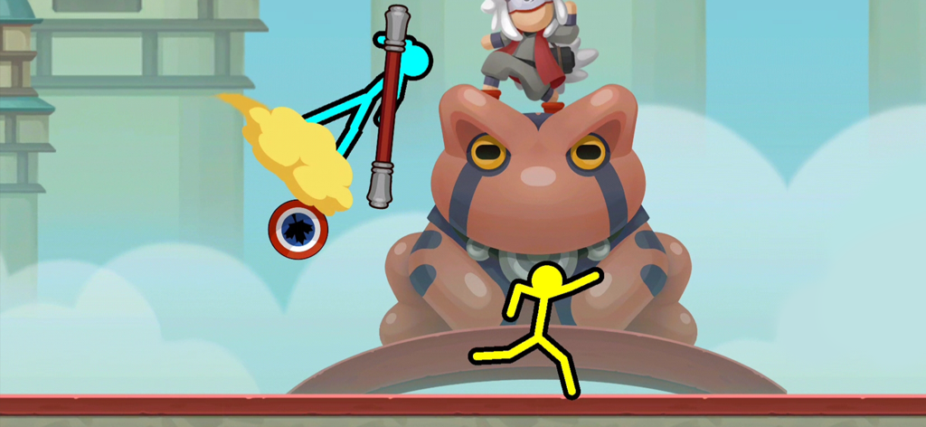Stickman Clash Mobile - Stickman characters fighting near a large frog statue in an arena.