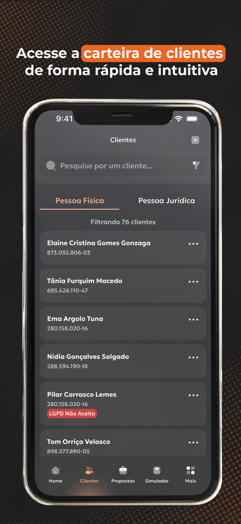 Teddy 360° - Tela do aplicativo Teddy 360 exibindo uma lista de clientes individuais na interface de gerenciamento de portfólio digital