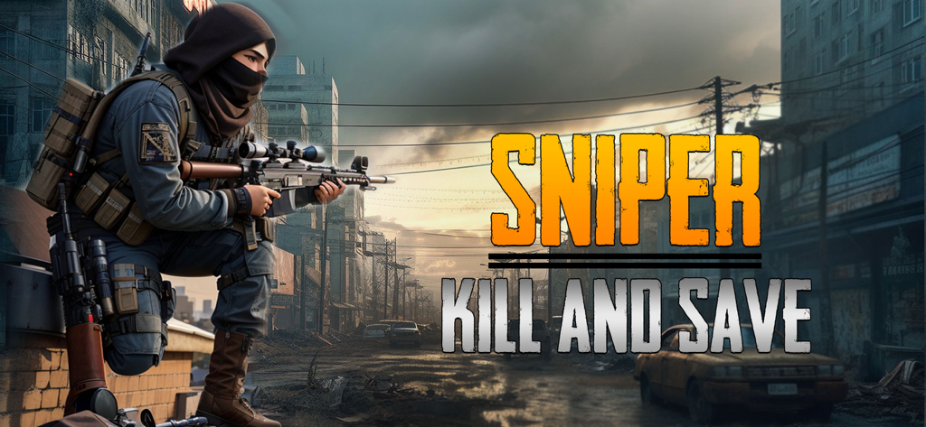 Sniper Shooting 3D Game - Un personaje francotirador táctico sosteniendo un rifle en una calle urbana sombría con el título del juego Sniper Kill and Save