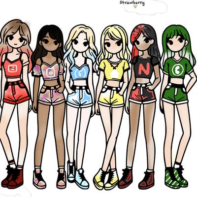 a group of girls wearing crop tops and shorts