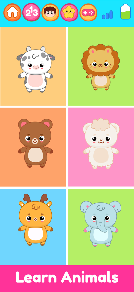 Educational screen showing six cute cartoon animals including a cow lion bear sheep deer and elephant for kids to learn