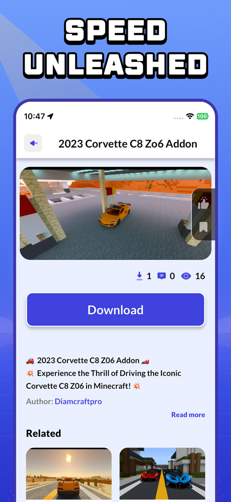 CraftyBox Addon World for MCPE - App interface displaying a Corvette C8 Z06 car mod for Minecraft Pocket Edition