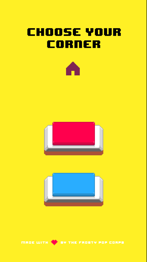 8-bit retro menu screen for The Contender showing red and blue corner selection buttons on a yellow background