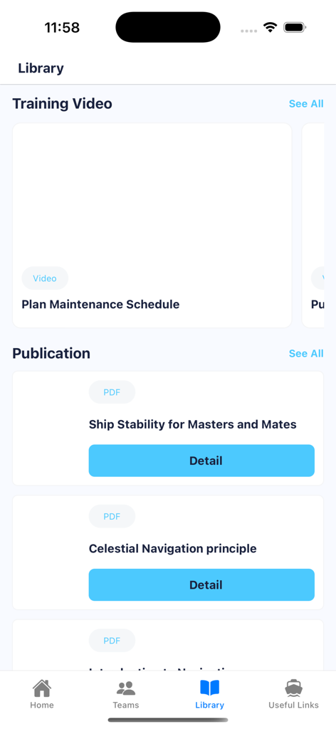 Seafarer Solution - Seafarer Solution app library screen featuring maritime training videos and publications.