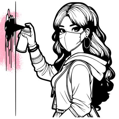 realistic girl with mask spray painting a wall