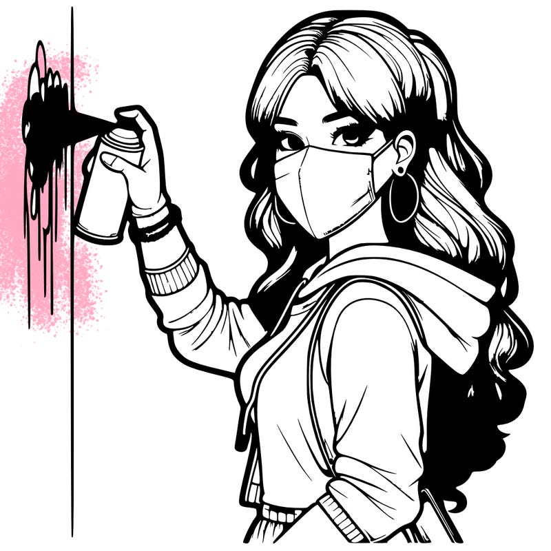 realistic girl with mask spray painting a wall