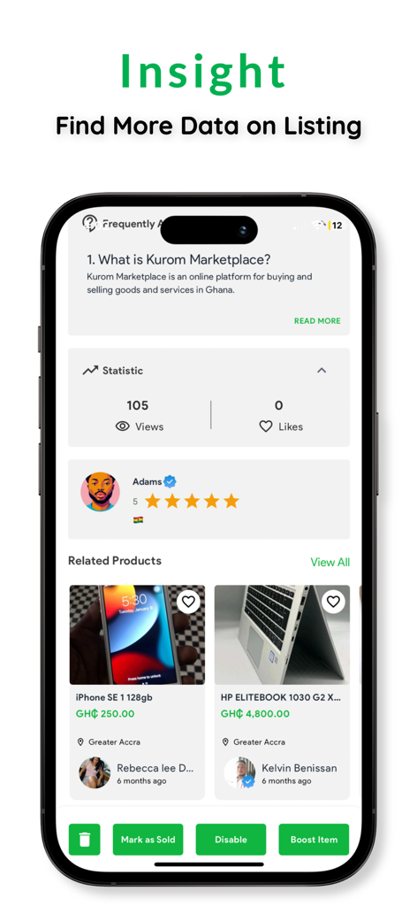 Kurom - Screenshot of Kurom app showing listing views, seller ratings, and related products in the Ghana marketplace.