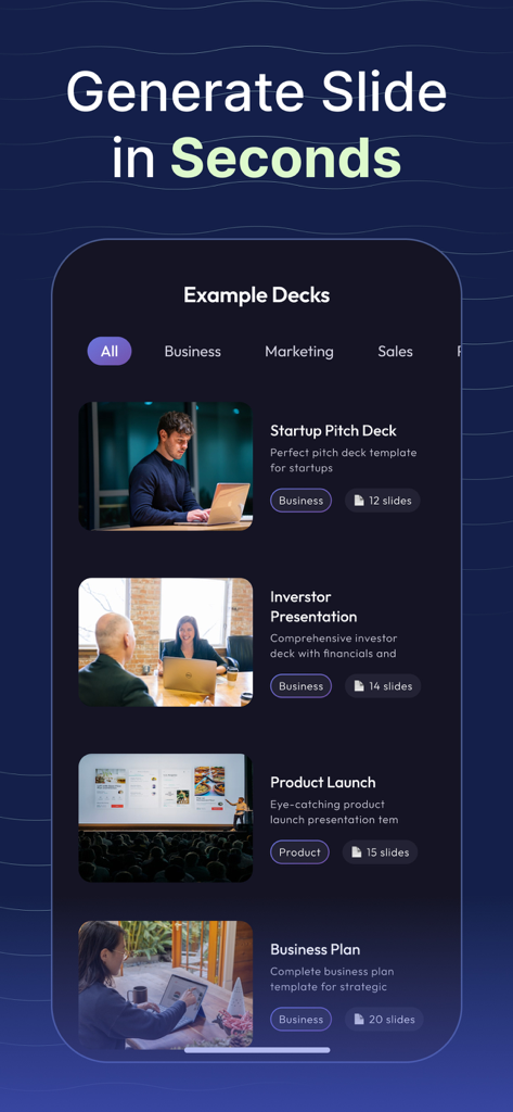 GMM AI App: AI Slides & PPT - A list of AI generated presentation templates for business and marketing in the GMM AI App