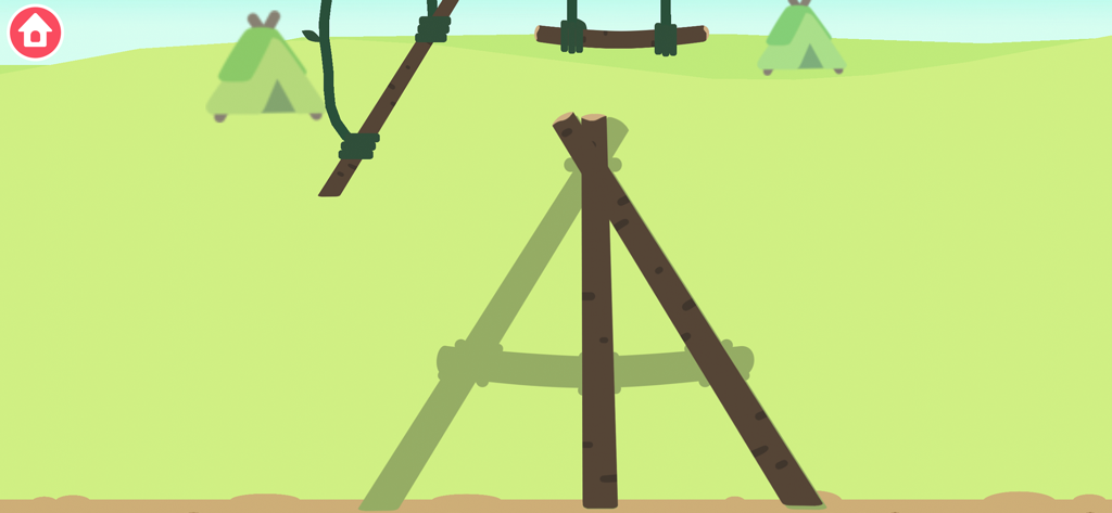 Une interface de jeu éducatif montrant un abri primitif en bois en cours de construction avec des bâtons sur un fond de champ verdoyant.