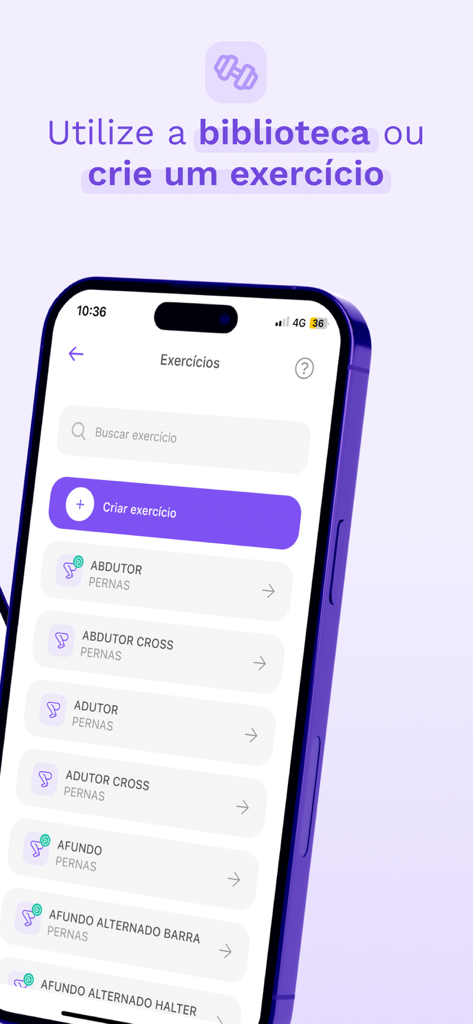 Tecnofit para Personal Trainer - A mobile screen showing an exercise library and workout creation tool for fitness professionals