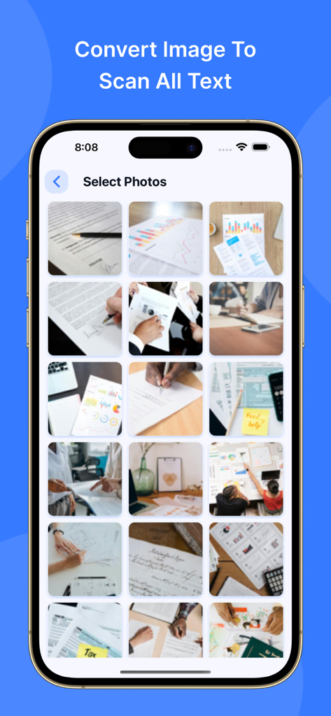 PDF Viewer: Easy PDF Viewer - A mobile app screen showing a photo gallery to select documents for text scanning