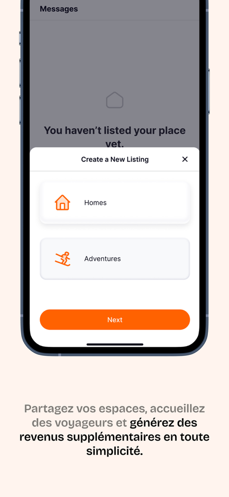 Trevo – Travel & Stays - Écran de l'application Trevo montrant les options pour créer une nouvelle annonce de logements ou d'aventures