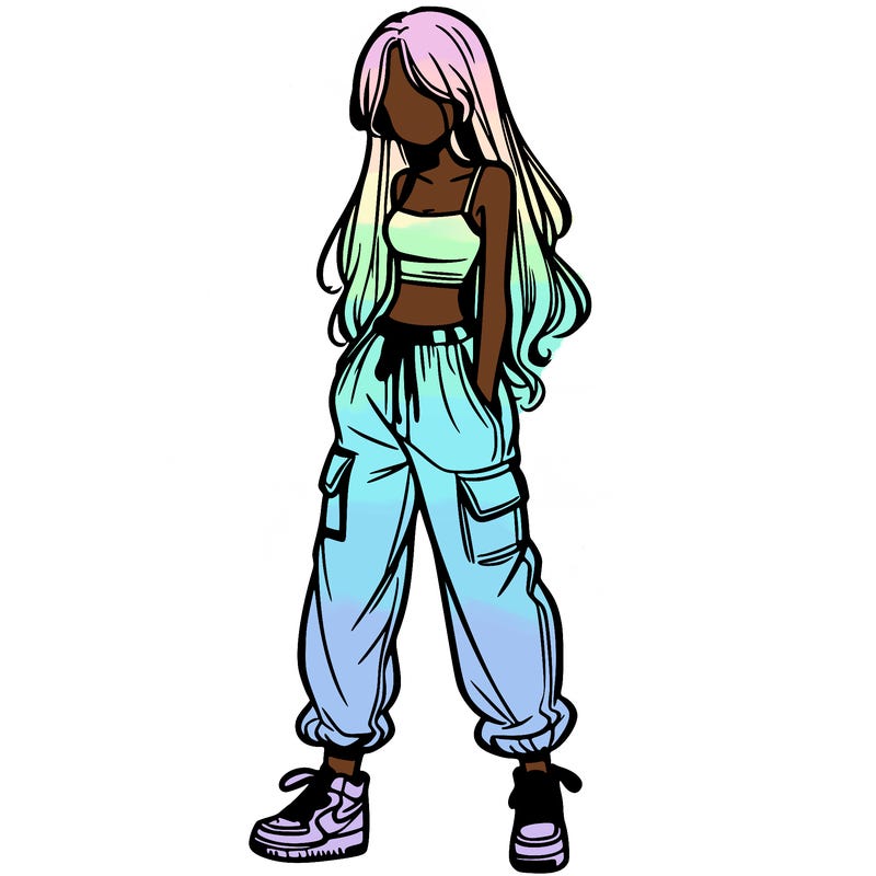 girl in baggy pants crop top and long hair