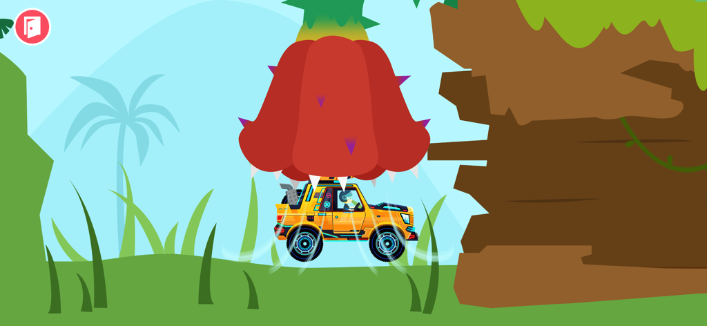 Dinosaur Guard Games for kids - Yellow off-road vehicle driving through a prehistoric jungle under a giant red flower