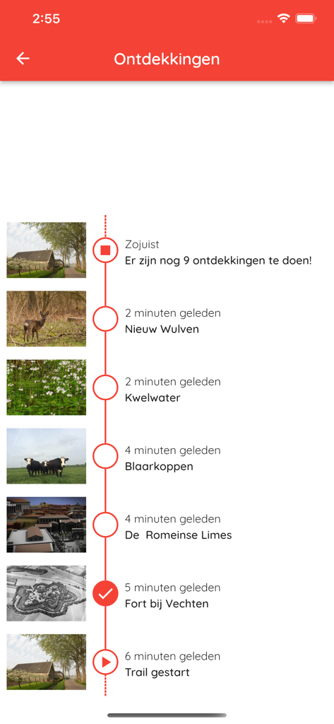Klompenpaden - A vertical timeline showing nature and heritage discoveries made during a walking trail in the Klompenpaden app.
