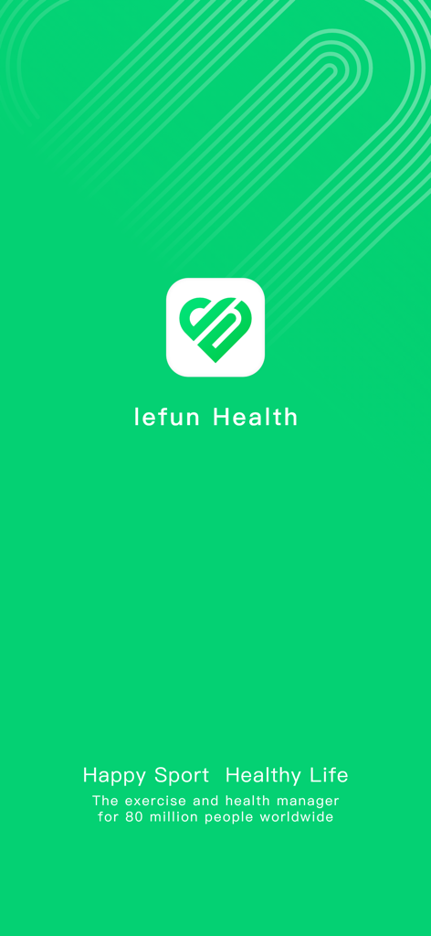 Lefun Health - Startbildschirm der Lefun Health App mit Logo und Slogan Happy Sport Healthy Life auf grünem Hintergrund