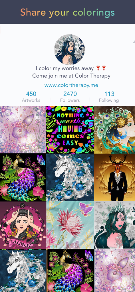 Color Therapy Coloring Number - A user profile page in the Color Therapy app displaying a gallery of colored artworks and social community statistics.