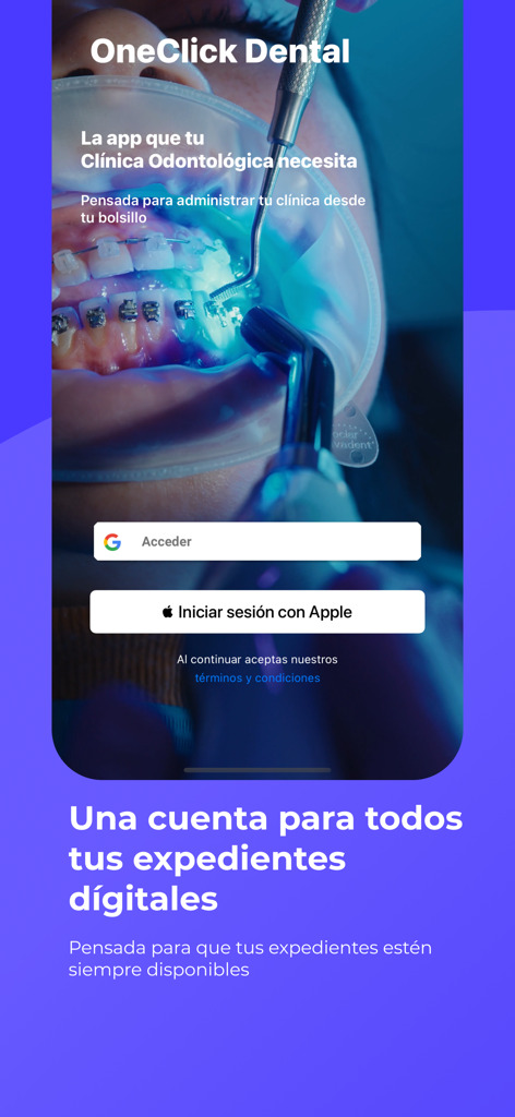 OneClick: Expedientes Dentales - OneClick Dental app login screen for managing digital dental records