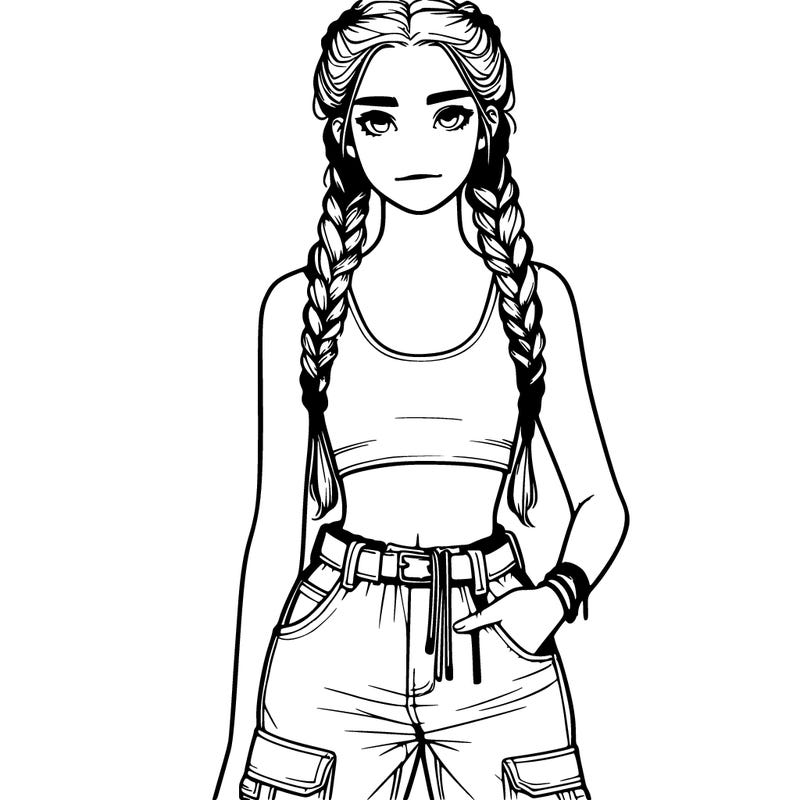 realistic teenage girl in braids with a crop top and cargo jeans