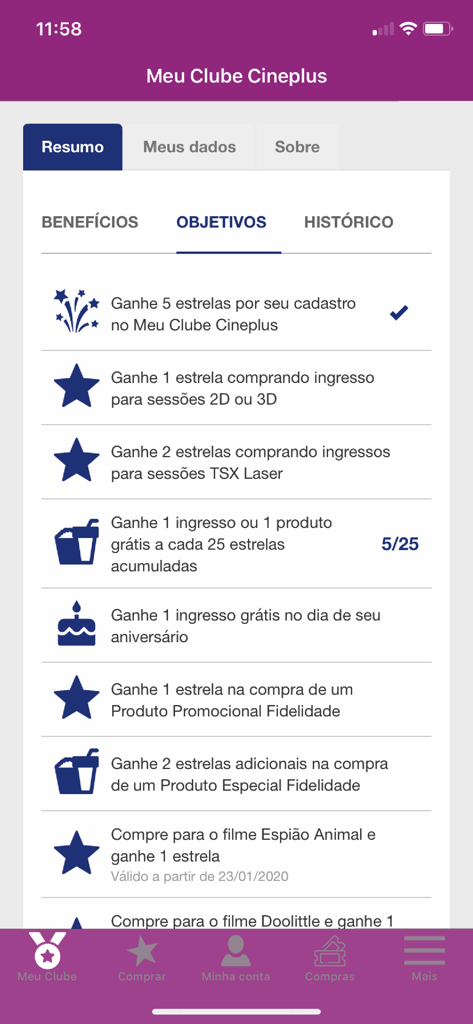 Cineplus - Écran du club de fidélité de l'application Cineplus montrant les objectifs de récompenses pour les billets de cinéma et les collations