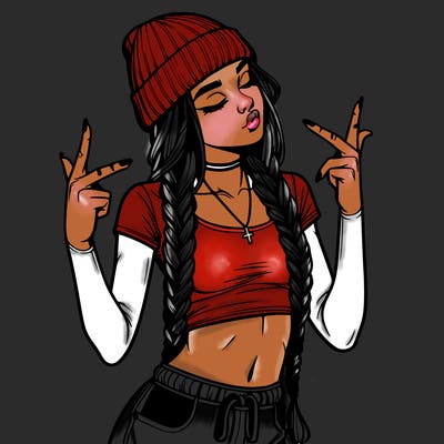 realistic teenage girl with braids and a beanie and crop top doing 🫶🏼