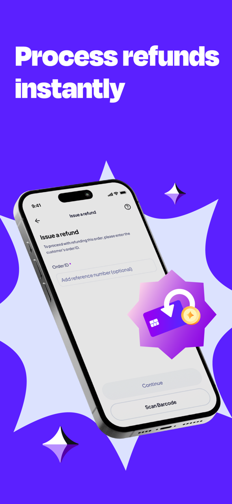 Tamara Business mobile app interface showing the merchant screen for issuing and processing refunds instantly