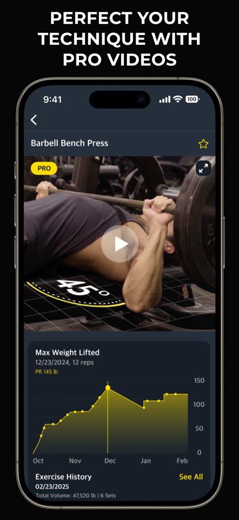 Gymverse app interface showing a barbell bench press video guide with form indicators and a weight lifting progress graph