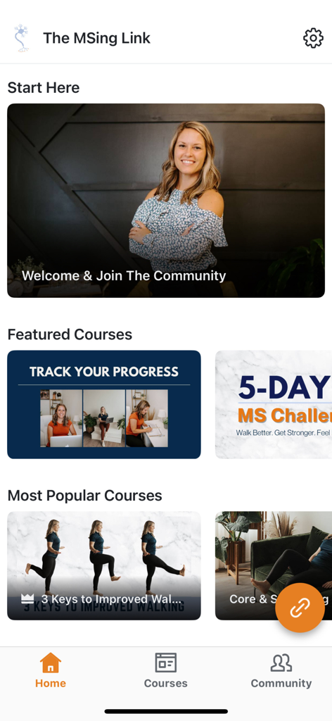 Home screen of The MSing Link app featuring MS specific physical therapy courses and community access
