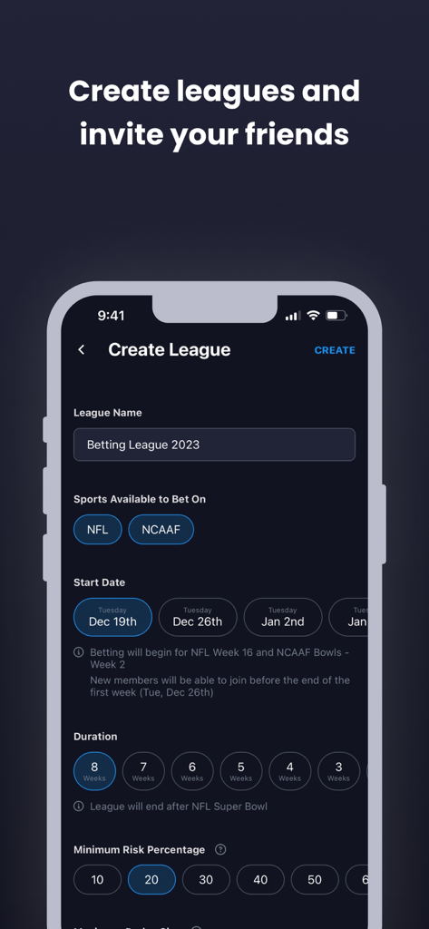 Mobile app interface for creating a new sports betting league with friends