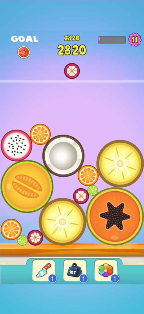100 Merge Melons - Gameplay screenshot of 100 Merge Melons showing colorful fruit pieces like papaya and coconut on a physics puzzle board