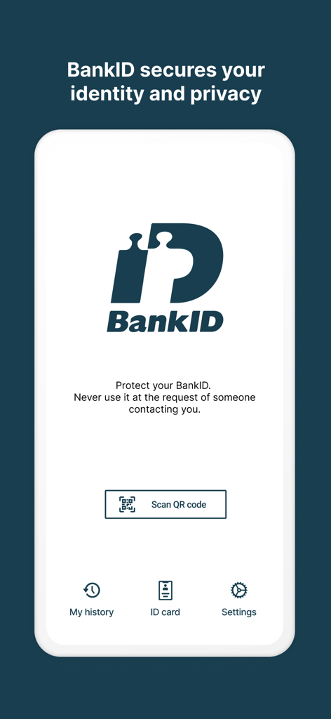 BankID Security App - Pantalla de inicio de la App de Seguridad BankID con opción de escaneo de código QR y advertencia de protección de identidad.