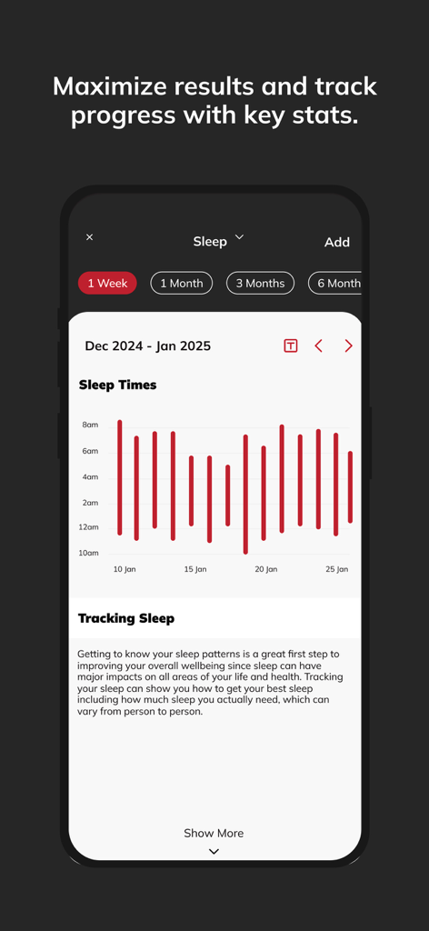 Red Dot Fitness - Red Dot Fitness mobile app screen displaying a detailed sleep tracking bar graph and health data insights.