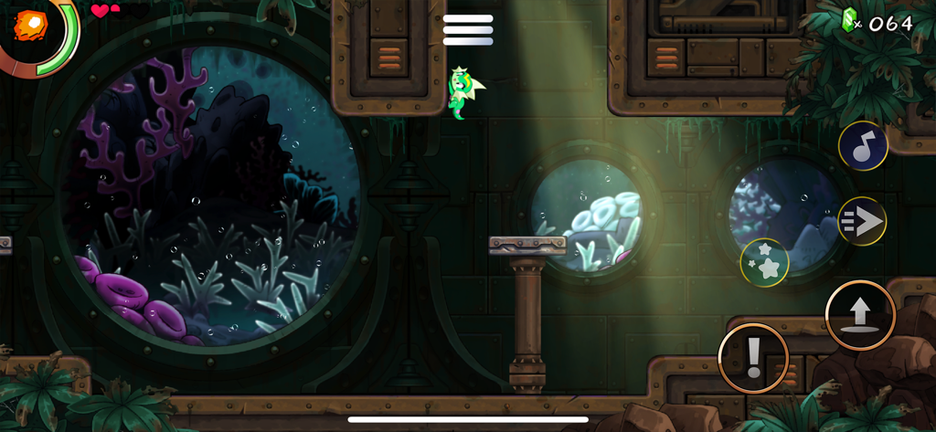 Shantae and the Seven Sirens - Shantae en su transformación de criatura marina saltando a través de una base submarina en Shantae and the Seven Sirens.