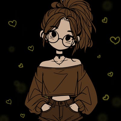 girl with a messy ponytail glasses a baggy crop top and jean shorts