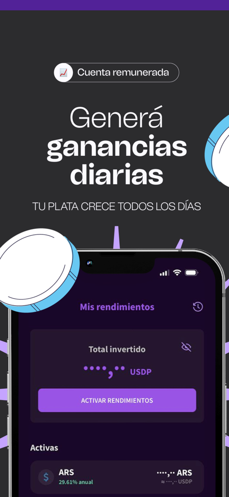 LB Finanzas: billetera virtual - Interfaz de la app LB Finanzas mostrando el rendimiento diario y los retornos de inversión para el saldo de la billetera virtual.