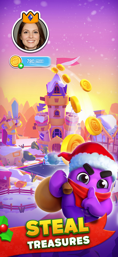 Dice Dreams gameplay screenshot showing a purple character in a Santa hat stealing gold coins from a winter kingdom