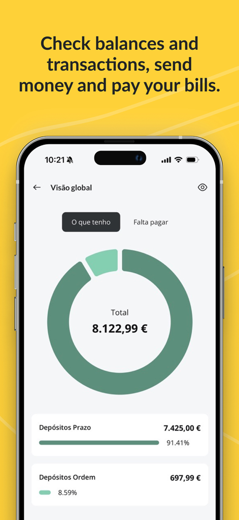 Banco Montepio mobile app interface showing a total net worth overview with a donut chart and financial balances in euros