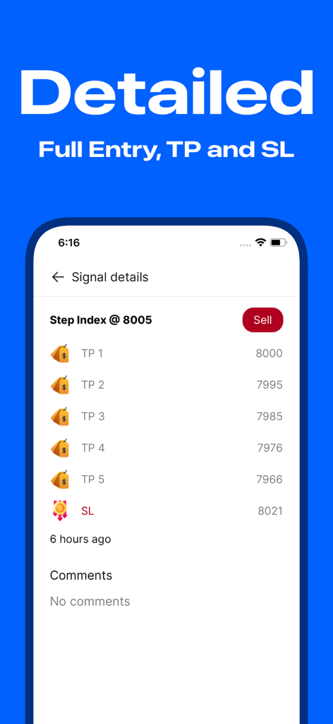 Boom & Crash - Trading Signals - Mobile app screen showing detailed trading signal for Step Index with specific take profit and stop loss values.