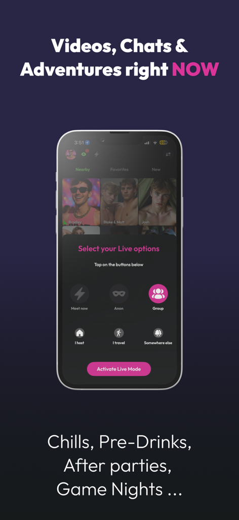 BUMP: Gay adventure app - BUMP app interface showing live mode options and user profiles for gay social networking