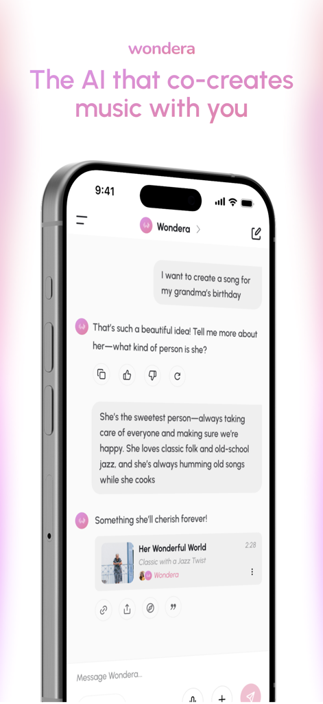 Wondera - AI for Music - Wondera app chat interface showing AI generating a custom song based on user input