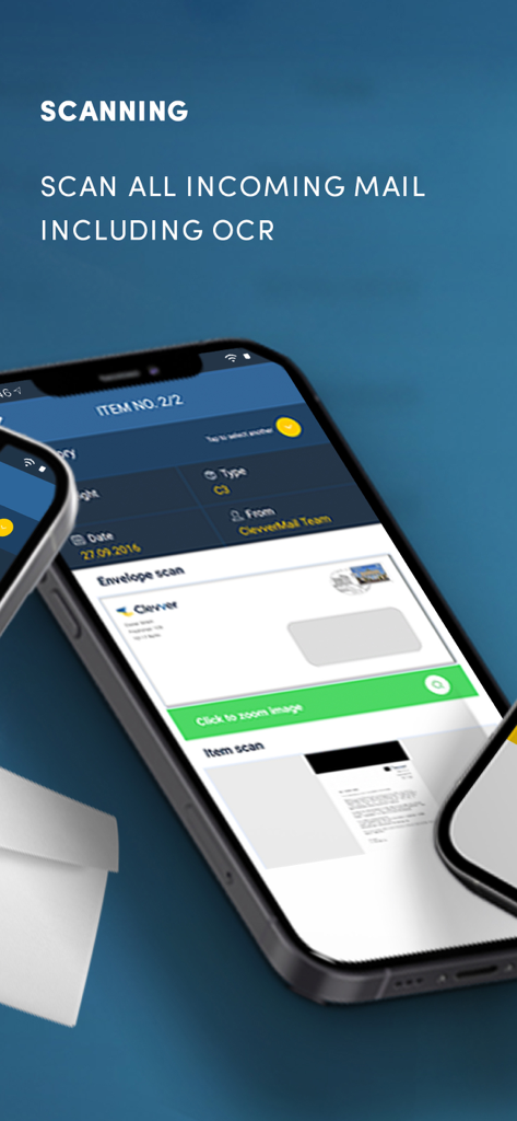 A smartphone showing the ClevverMail app interface with a digital scan of an incoming envelope and the OCR scanning feature.