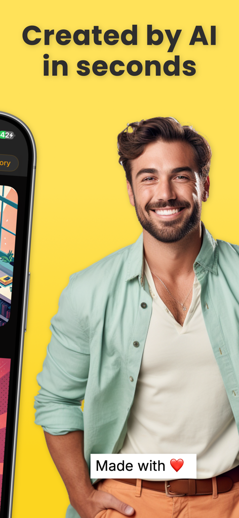 AIポスターメーカーアプリのインターフェース。黄色い背景に笑顔の男性が写っており、「数秒でAIによって作成」というテキストが表示されたプロフェッショナルな広告デザインを表示