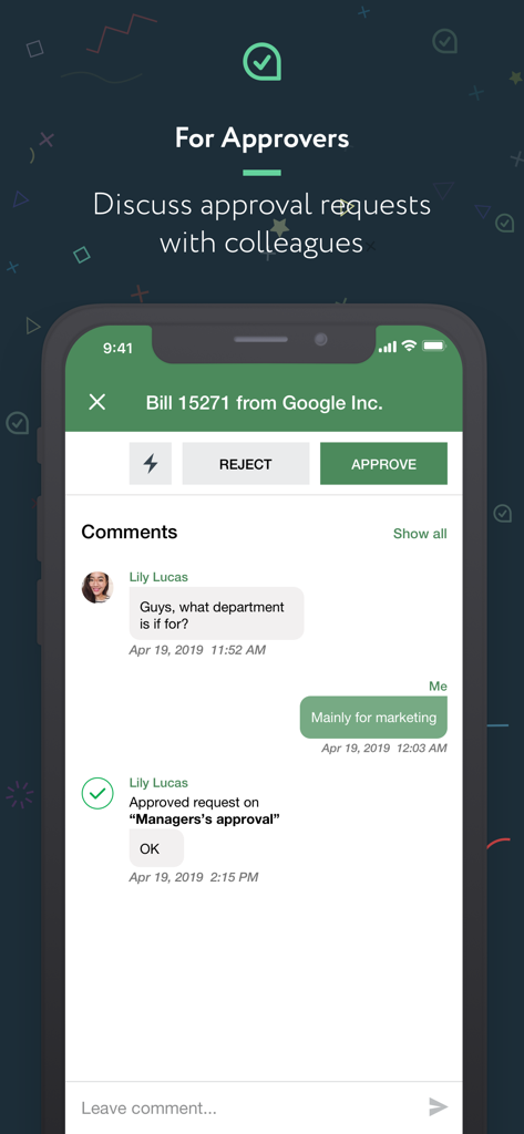 ApprovalMax - ApprovalMax mobile app showing the internal chat interface for approvers to discuss financial requests.
