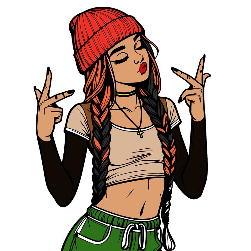 realistic teenage girl with braids and a beanie and crop top doing 🫶🏼