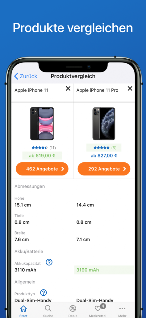 Side by side comparison of iPhone 11 and iPhone 11 Pro showing prices and technical specifications