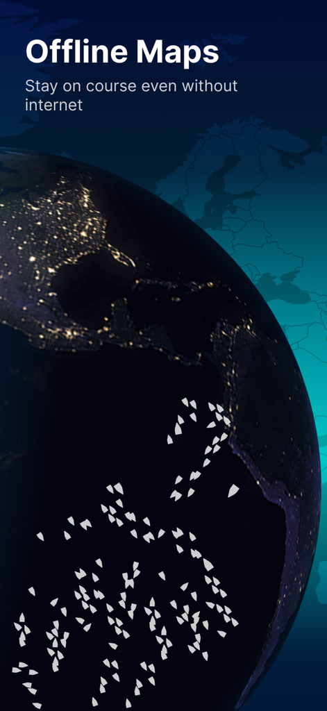 MarineRadar・Vessel Finder - MarineRadar app displaying the offline maps feature with ship icons on a global map