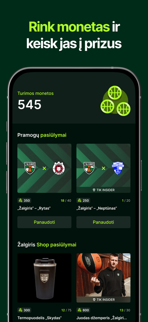 Žalgiris - Zalgiris app interface showing the coin store for fans to redeem virtual currency for merchandise and basketball game tickets