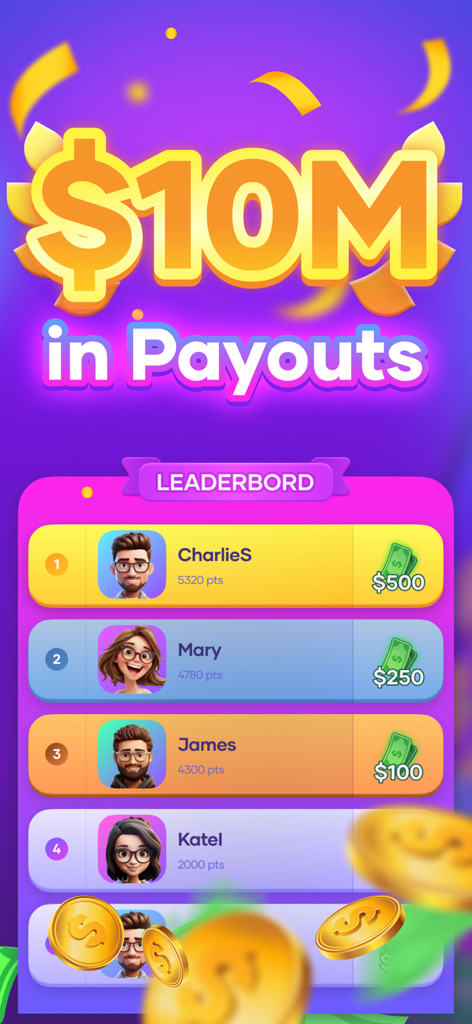 A leaderboard in the Thrillz app showing players winning cash prizes with a headline of 10 million dollars in payouts.