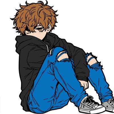 a male hoddie ripped jeans messy hair anime